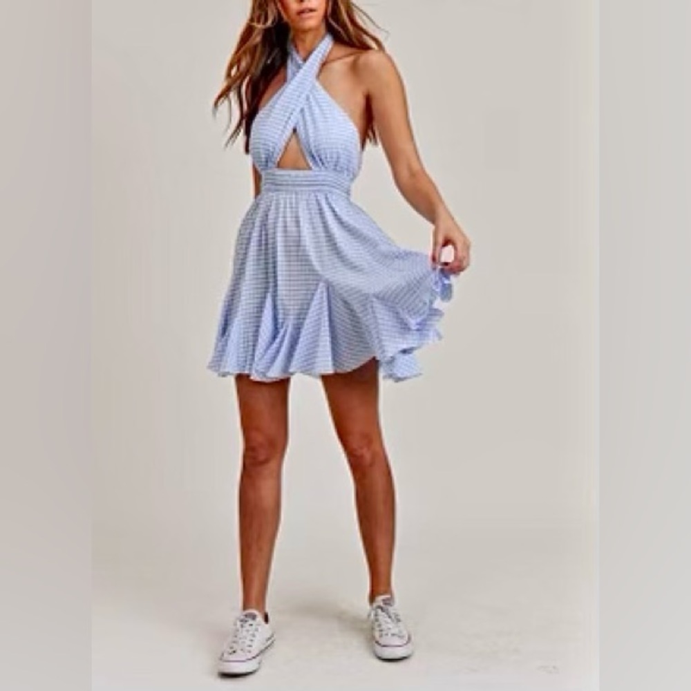 Sizes S M L 💎 Blue vintage style plaid dress, flowy summer party backless retro